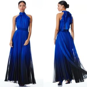 Alice + Olivia Dita Bow Neck Open Back Pleated Maxi Blue Ombre Halter Gown